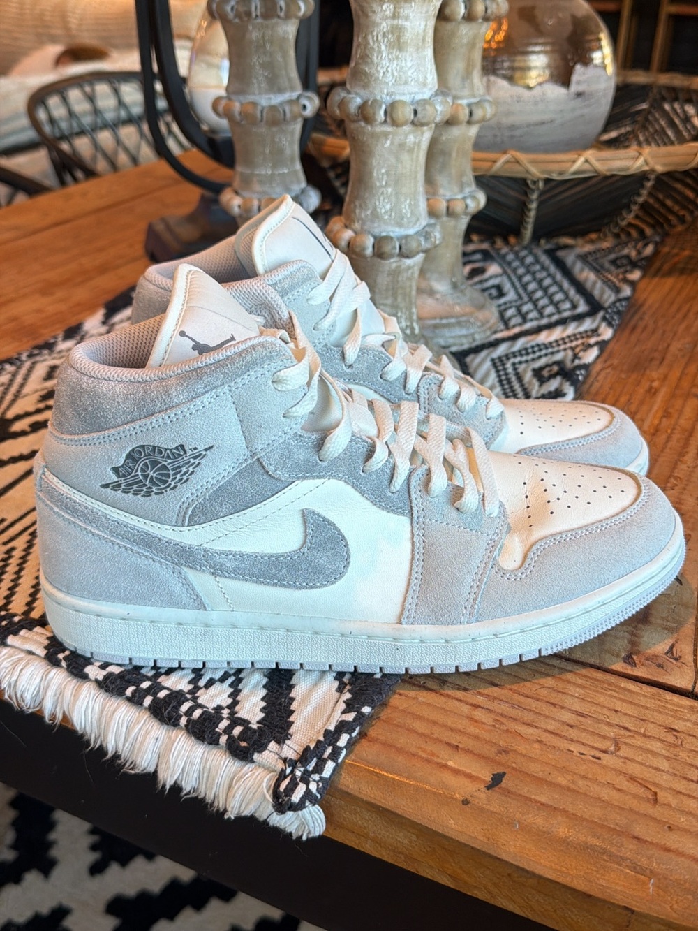 Jordan 1 Mid Women’s Sneakers in Light Gray and White Suede/Leather